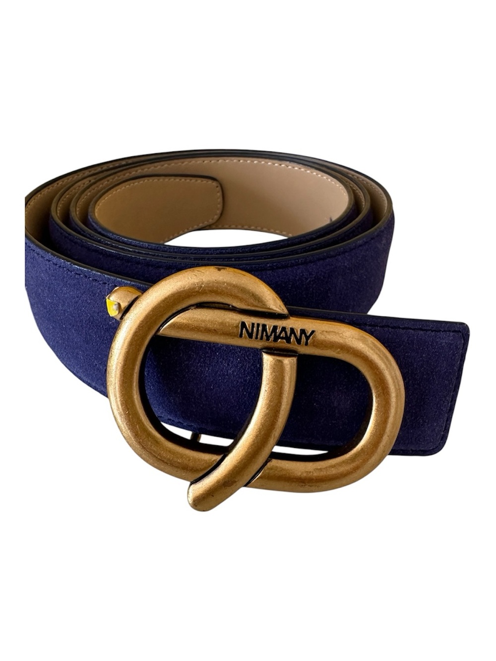 Nimany Bespoke Art Luna Blue Suede Belt with Vintage Gold Tone Buckle Size M